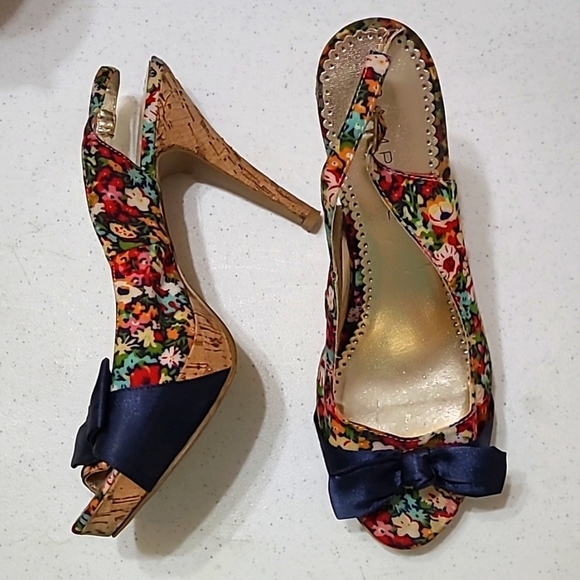 Rampage "Grayson" floral opentoe platform heels with Navy bow size 10 - Picture 2 of 13